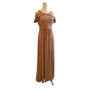Rose gold sequin cold shoulder gown with side slit